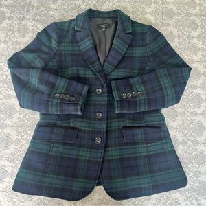 Talbots Plaid Blazer Jacket Blue Green Wool Blend Tartan Plaid Velvet Trim 10P